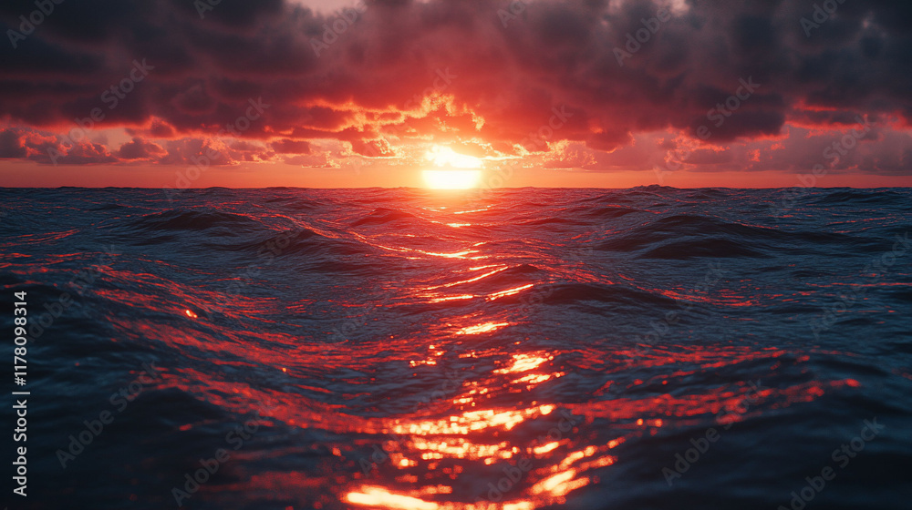 Obraz premium Fiery sunset over dark ocean waves.