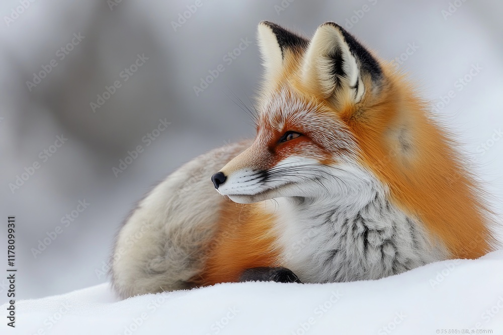 Fototapeta premium Close-up of a red fox lying in the snow, alert and still