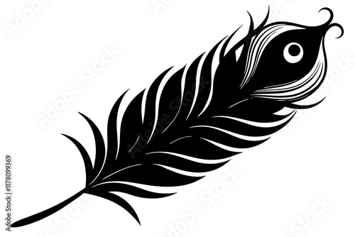  peacock feather isolated on white background, black silhouette vector, Simple silhouette Design vector icon with white background. Bird feather