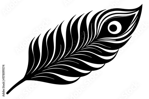  peacock feather isolated on white background, black silhouette vector, Simple silhouette Design vector icon with white background. Bird feather