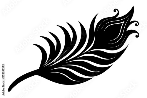  peacock feather isolated on white background, black silhouette vector, Simple silhouette Design vector icon with white background. Bird feather