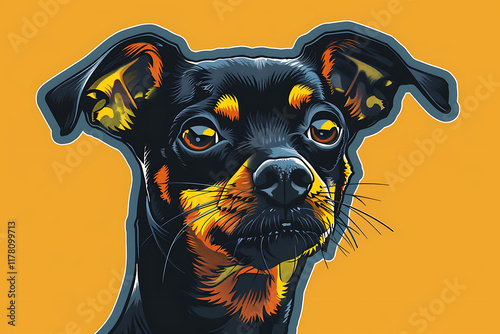 pet character illustration, vector art sticker of a miniature pinschers striking face exuding boldness and elegance, borderless design photo