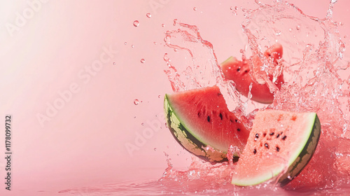 Watermelon slices isolated on a pink background, in a splashes of water