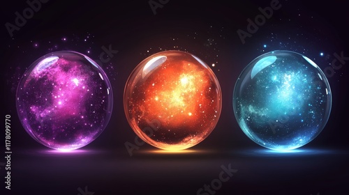 Magic crystal balls for fortune telling and future prediction, glowing glass orbs with plasma and mystical fog inside, isolated fantasy globes for clairvoyant witchcraft, Realistic 3d vector icons