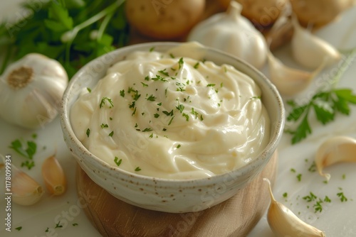  Cream colored garlic mayonnaise sauce. Image illustrated food for advertisement