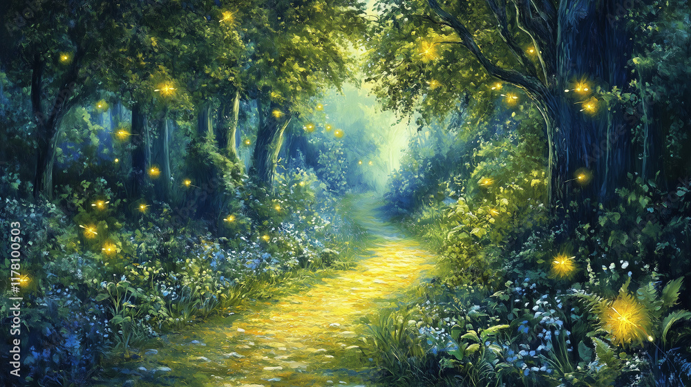 Obraz premium Enchanted forest pathway illuminated by fireflies