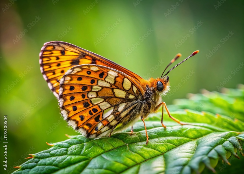 Obraz premium Small Pearl-bordered Fritillary Butterfly (Issoria lathonia) in Low Light, Germany, NRW, Schlangenberg