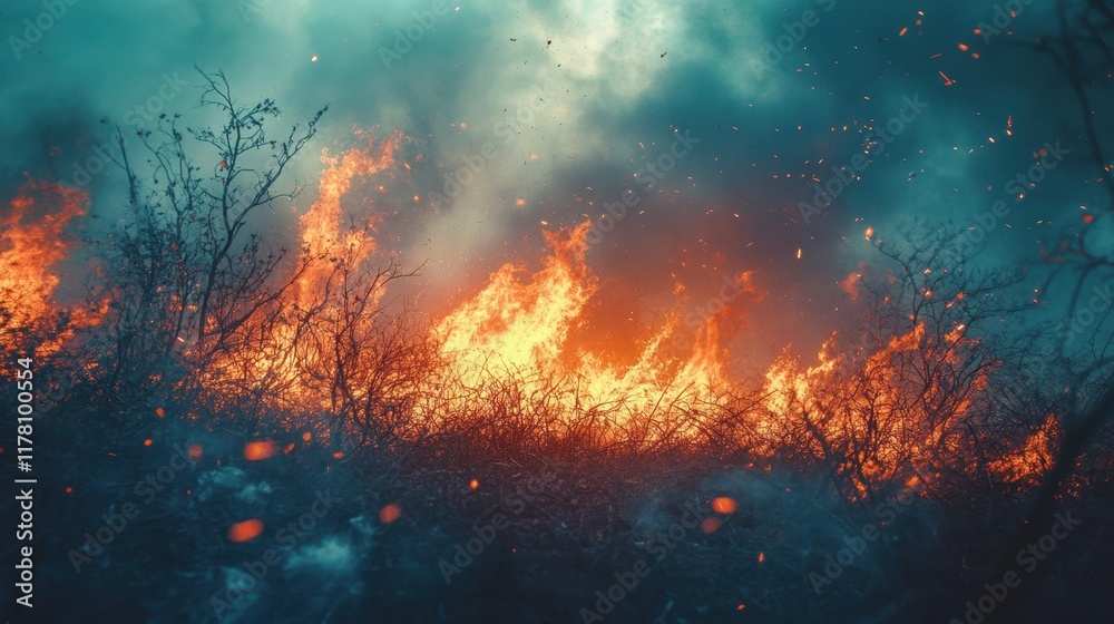 Wildfires envelop the landscape, illustrating the duality of destruction and renewal amidst the cycle of growth in nature