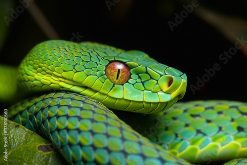 Encounter with Trimeresurus macrops: The Vibrant Green Snake Camouflaged in Its Rainforest Habitat photo