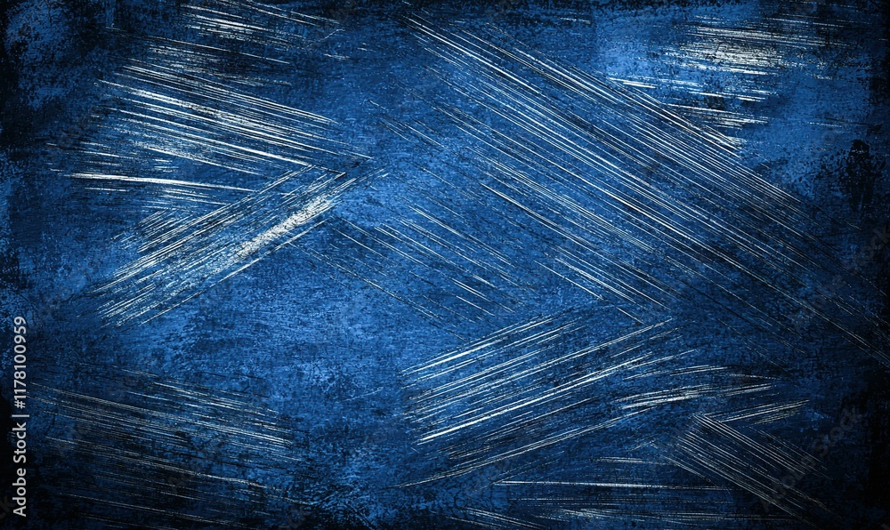 Obraz premium Dark blue grunge background with white abstract scratches, ideal for textured overlays or backgrounds.