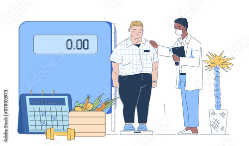 Nutritionist with patient. Man in medical uniform with fat guy. Active lifestyle and sports. Proper nutrition and diet with vitamins. Weight loss. Linear vector illustration