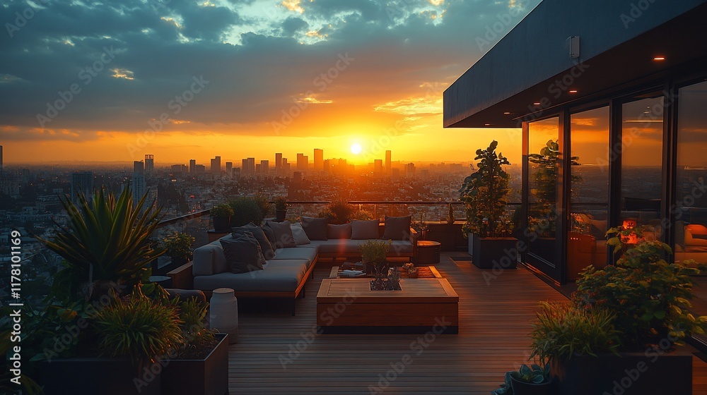 Fototapeta premium Rooftop Terrace Sunset Cityscape Stunning View