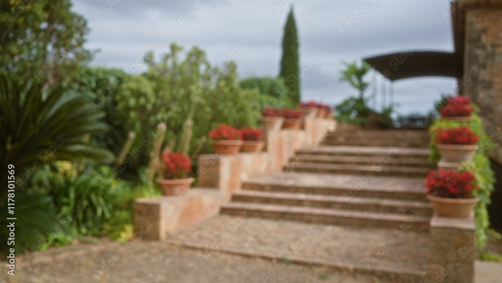 Blurred outdoor staircase with potted red flowers in mallorca, featuring defocused background of plants and a stone building, perfect for serene garden settings or travel imagery Blurred outdoor staircase with potted red flowers in mallorca, featuring defocused background of plants and a stone building, perfect for serene garden settings or travel imagery