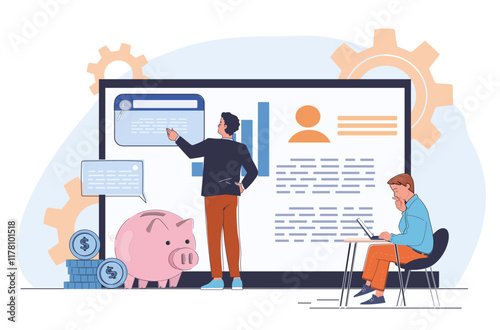 Online business workshop. Men working on common project on Internet. Collaboration and cooperation. Freelancers and remote workers. Collaboration and cooperation. Linear vector illustration