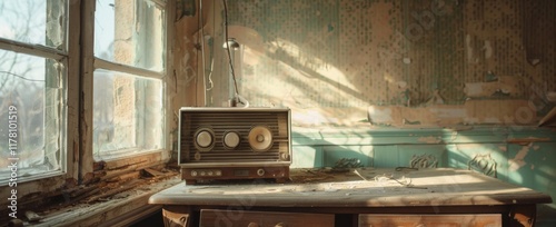 Old retro vintage radio on a aged wooden table illuminated by the sun