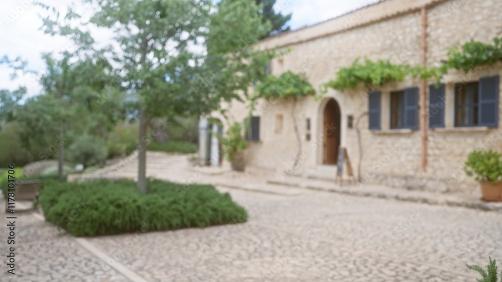Blurred stone building with green plants and trees in outdoor setting in mallorca under a clear sky with a rustic and scenic background Blurred stone building with green plants and trees in outdoor setting in mallorca under a clear sky with a rustic and scenic background