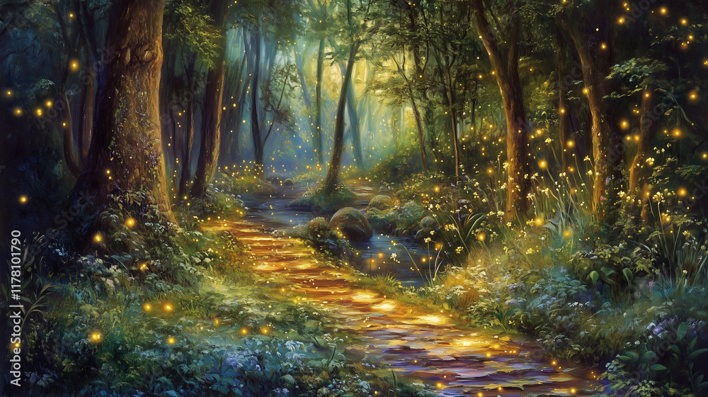 Fototapeta premium Enchanting forest path illuminated by fireflies at twilight
