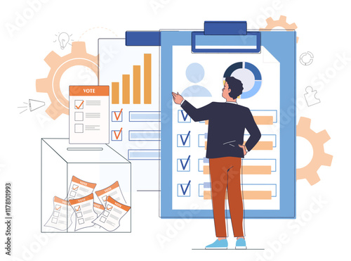 Political scientist concept. Man analyzes graphs and diagrams, statistics and infographics. Man evaluates politicians. Sociology and political science. Linear vector illustration