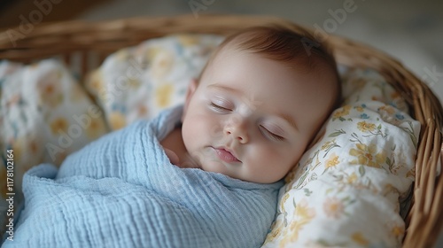 Baby peacefully sleeping in a wicker basket
