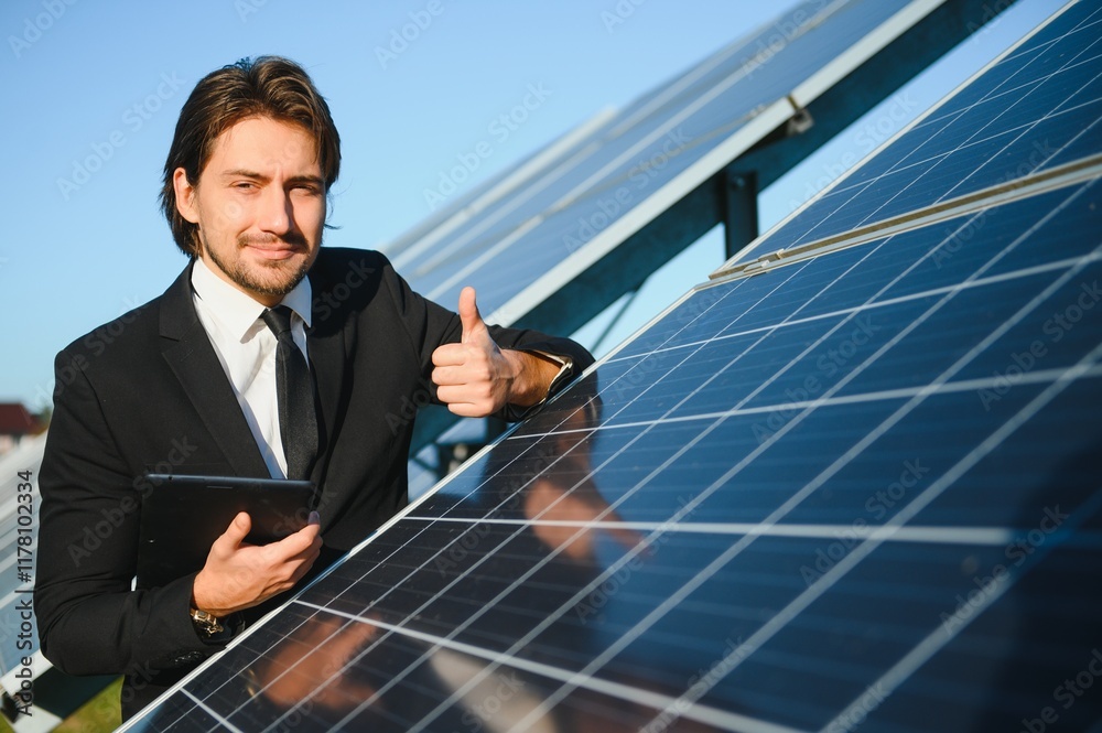 Solar power plant. Man standing near solar panels. Renewable energy Solar power plant. Man standing near solar panels. Renewable energy