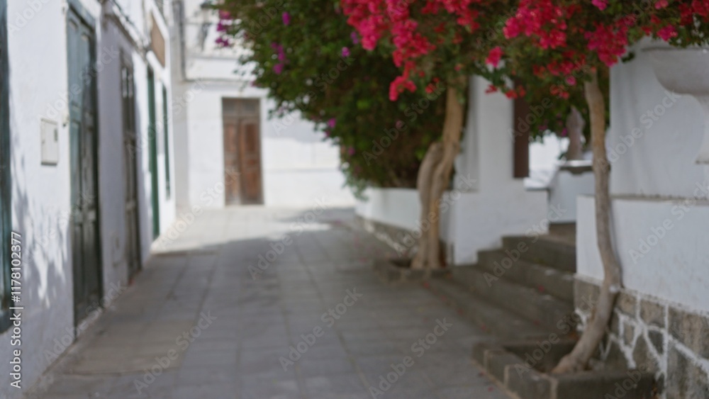Fototapeta premium Blurred alleyway in lanzarote with vibrant pink flowers and white buildings in outdoor setting, spain, canary islands