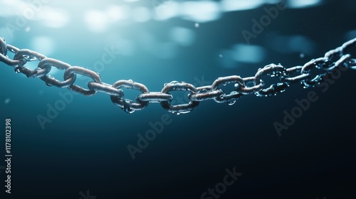 Underwater metallic chain with bubbles on dark background. resilience and depth