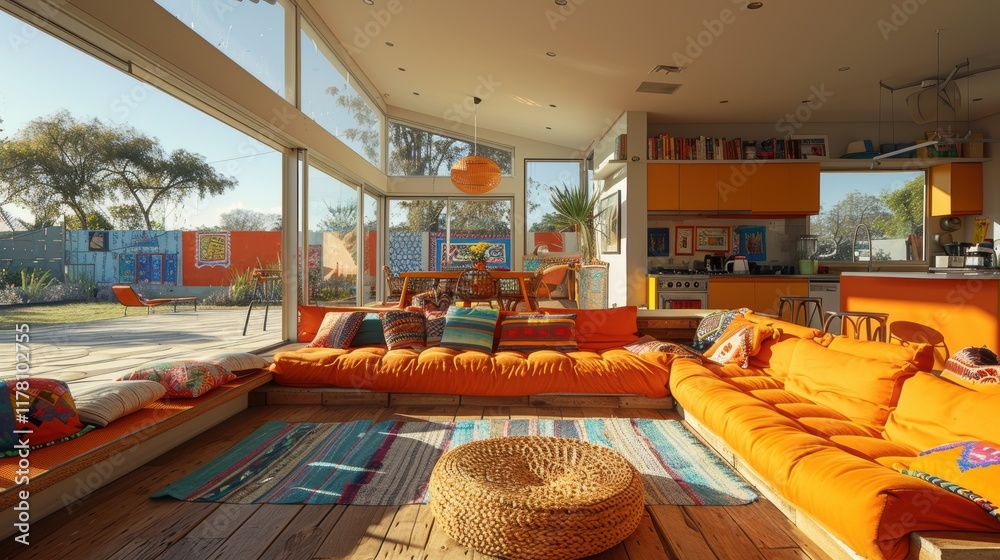 Fototapeta premium Spacious and Colorful Living Room with Large Glass Windows Offering a View of a Sunny Patio and Vibrant Decor in a Modern Home Setting