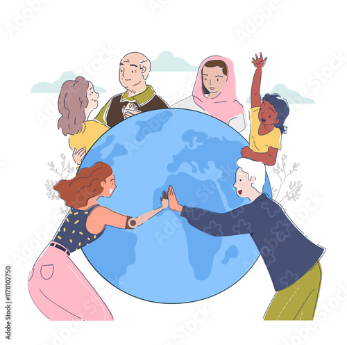 International solidarity concept. People of different ages and nationalities near planet. Tolerance, unity and equality. Multicultural global communication. Linear vector illustration