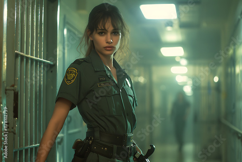 prison guard duty, a lifelike portrayal of a female jailer securing a cell block, exuding confidence with keys and radio in hand uniformed with a badge and utility belt under bright lights in a