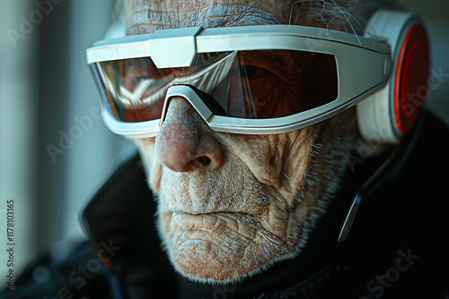 hyperrealistic portrait, the character keel lorentz from neon genesis evangelion, in a realistic k film still, wearing futuristic glasses and red earmuffs, with detailed skin texture and gray hair photo