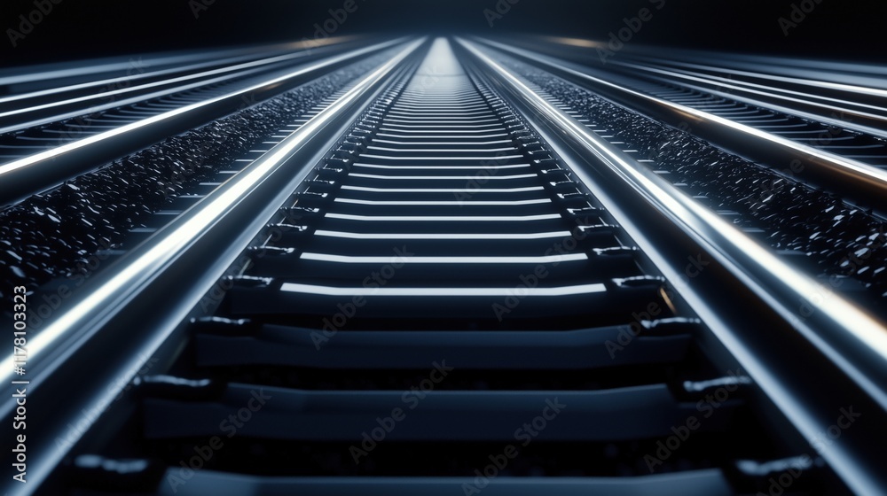 Illuminated railroad tracks at night extending into the distance. railway innovation and travel Illuminated railroad tracks at night extending into the distance. railway innovation and travel
