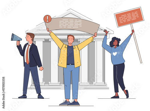 Student activism concept. Man, woman with placard, young guy with loudspeaker. Activists at protest, strike and rally. Freedom of speech and democracy. Linear vector illustration