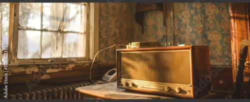 Wallpaper Mural Old retro vintage radio on a aged wooden table illuminated by the sun Torontodigital.ca