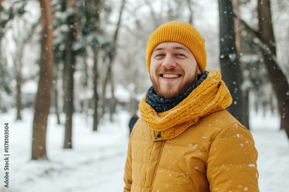 Obraz premium With a warm smile, a stylish man in a vibrant yellow coat and matching beanie walks through a snowy park, embodying youthful winter fashion and cheerful vibes