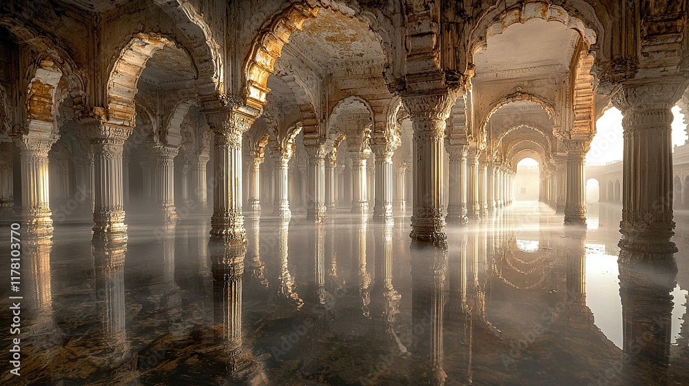 Obraz premium Sunlit Flooded Archway Ruins Misty Reflection.