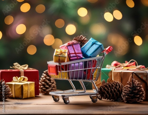 a shopping cart loaded with colorful holiday gifts rests on a wooden table adorned with pinecones and twinkling lights in the background photo