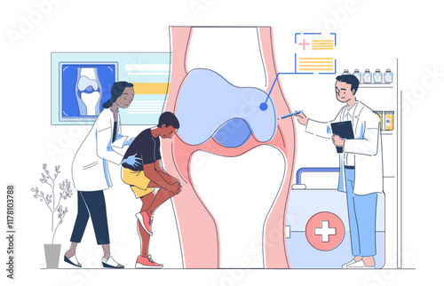 Orthopedics examining joints. Man and woman in medical uniform assessing knee. Healthcare and medicine. Diagnosis and treatment. Traumatologist team. Linear vector illustration