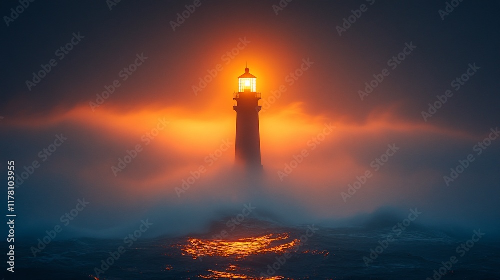 Luminous Lighthouse Stands Tall Amidst Misty Ocean Waves Luminous Lighthouse Stands Tall Amidst Misty Ocean Waves