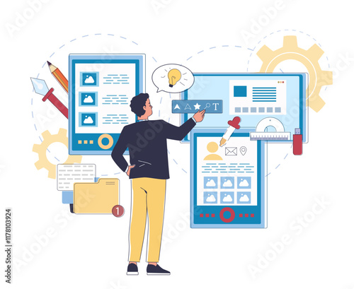 Ux designer man. Young guy developing ui design for website page. Freelancer and remote worker. Designer develops graphic elements for website. Linear vector illustration