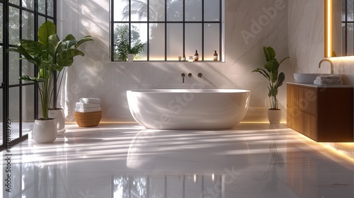 A modern and luxurious bathroom featuring a sleek freestanding bathtub, ambient lighting, and lush green potted plants for a serene atmosphere.