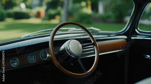 Close-up of a classic car interior with a wooden steering wheel and vintage dashboard. nostalgia and retro design