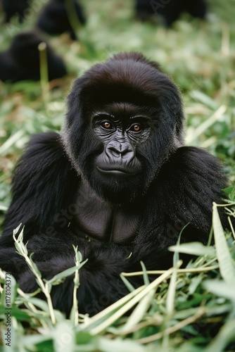 A close-up view of a gorilla resting in a grassy area photo