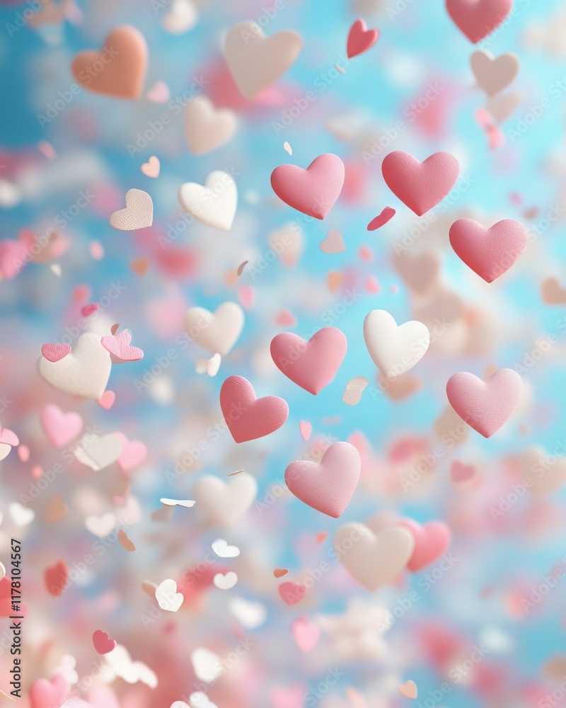 Floating Pink and White Hearts on Blue Sky Background for Romantic Celebration and Valentine Themes Floating Pink and White Hearts on Blue Sky Background for Romantic Celebration and Valentine Themes