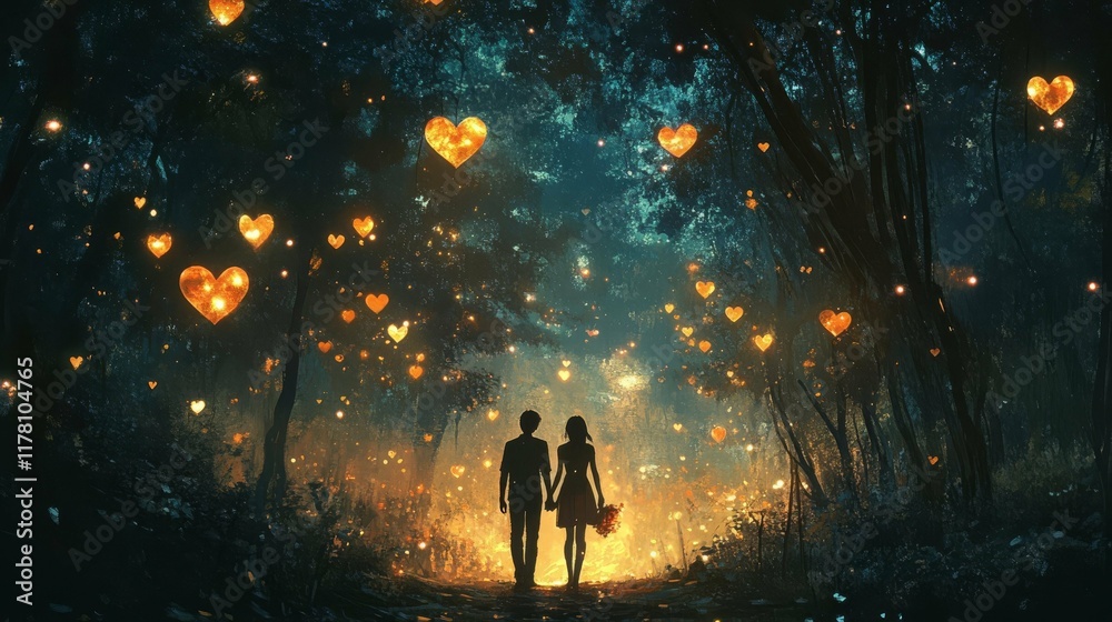 Fototapeta premium Romantic Forest Night: Enchanting Journey of Love Amidst Glowing Heart Lights Illuminating a Magical Pathway