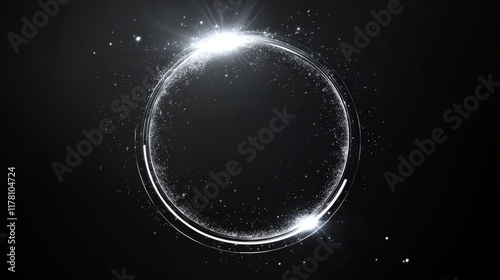 White neon glowing circle. Realistic vector illustration of light lens flare effect of circular shape with bright sparkle and streak. Shiny glare ring with ray and highlight. Luminous round frame.
