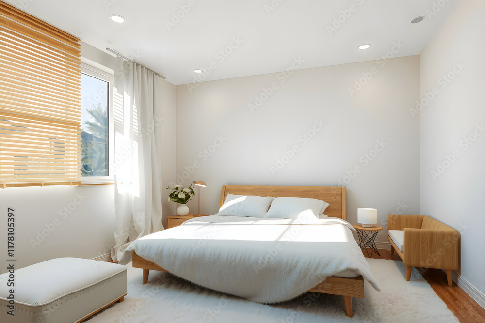 Modern Minimalist Bedroom Interior with Natural Light and Soft Textures