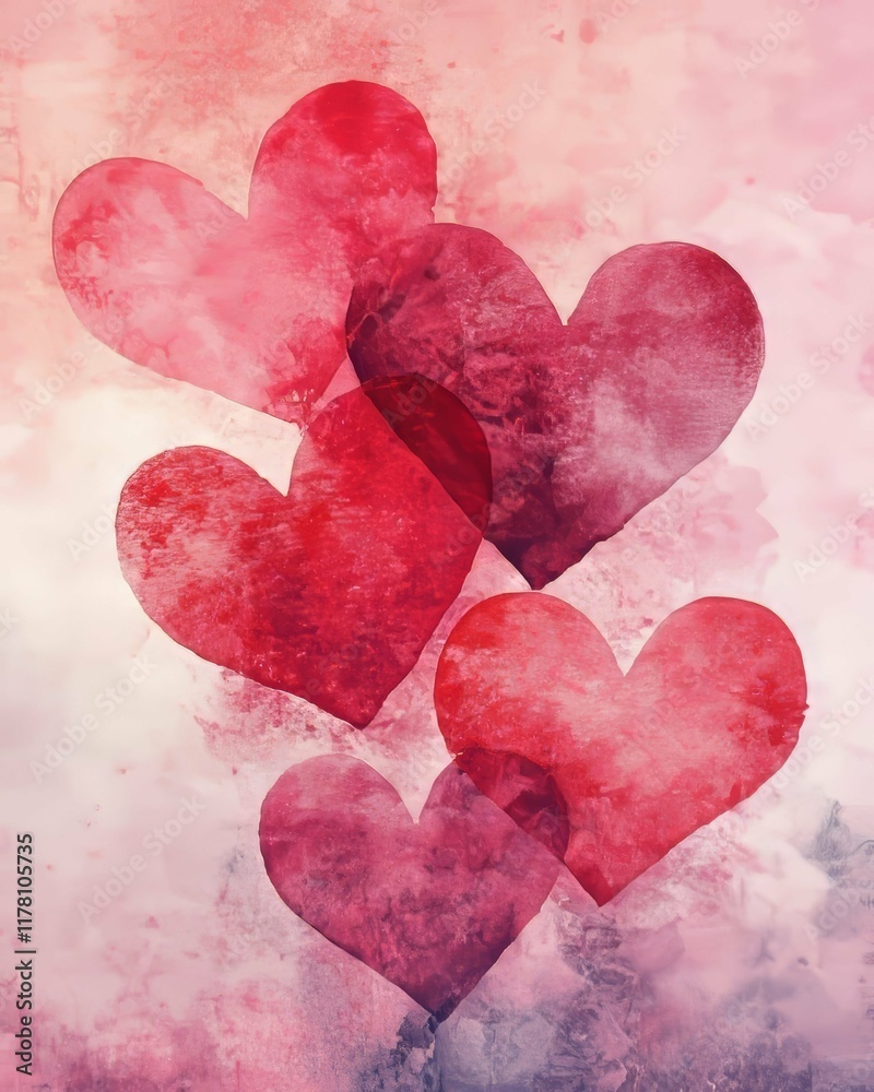 Fototapeta premium Romantic Watercolor Hearts in Shades of Red and Pink: Perfect for Valentine's Day or Special Occasions