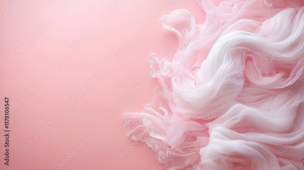 Fototapeta premium Flowing white fabric creates a delicate texture against a smooth pastel pink backdrop. The interplay of colors adds a serene and sophisticated touch to the visual composition