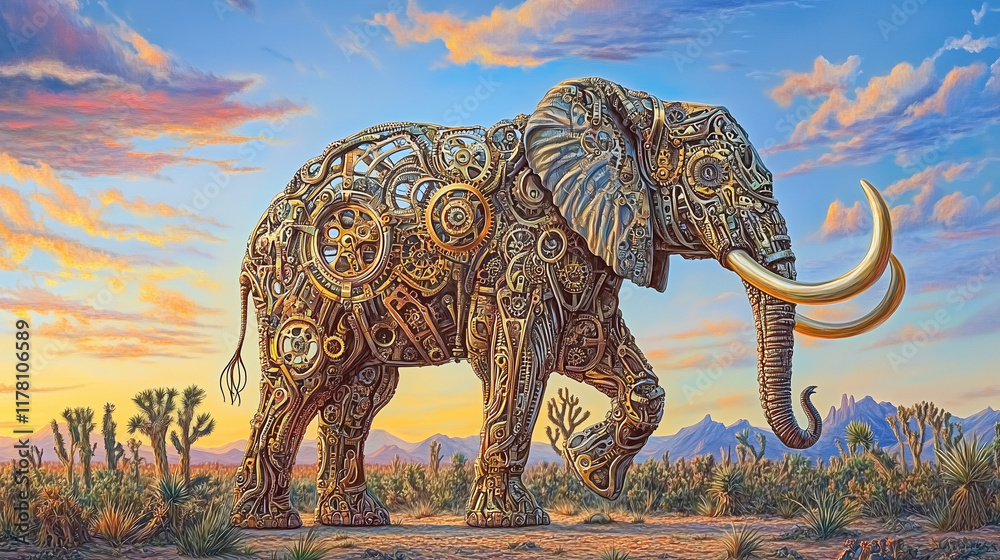 Fototapeta premium Mechanical elephant walking against desert sunset