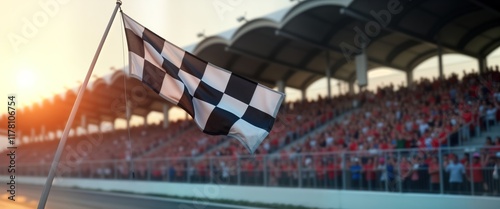 Checkered flag waves at racetrack finish line. Massive crowd cheers. Winning moment. Energetic atmosphere. Exciting competition. Grand prix event. Triumphant outcome. Sport. Audience enjoys success.